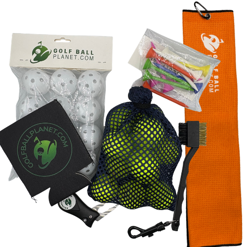 12 yellow kirkland golf balls with other golf accessories