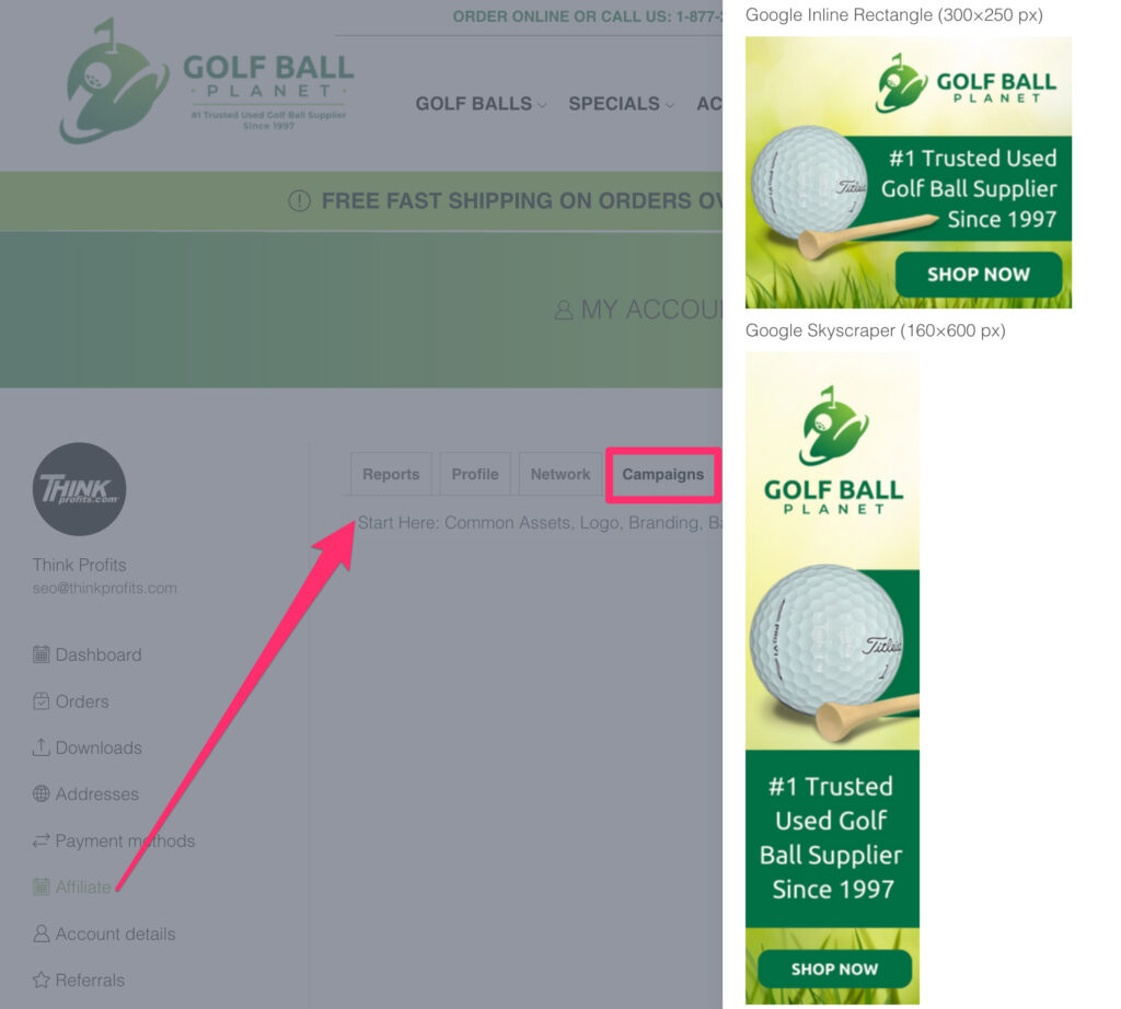 Screenshot of Affiliate > Campaigns > Start Here: Common Assets, Logo, Branding, Banner Ads, and How-to